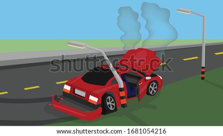 Damage of red car crash pole light accident cannot drive. There was steam coming out of the radiator.The front and beside is severely damaged. The equipment is broken.