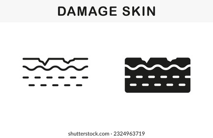 Damage Skin, Dermatology Problem Line and Silhouette Black Icon Set. Old Wrinkled Skin, Psoriasis, Eczema, Allergy Symbol Collection. Injury Skin Surface Pictogram. Isolated Vector Illustration.