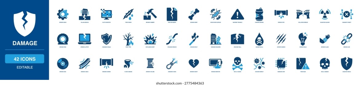 Damage Solid Icon Set showing broken gear falling bricks glitch monitor torn fabric hammer document bone scratched surface warning triangle crushed barrel pipe collapsed bridge radiation hazard target laptop tree