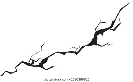 Damage surface crack and fissure in ground, concrete, crevices from disaster silhouette breaks on land surface from earthquake isolated on white background. Broken ground, wall, glass pattern effect. 