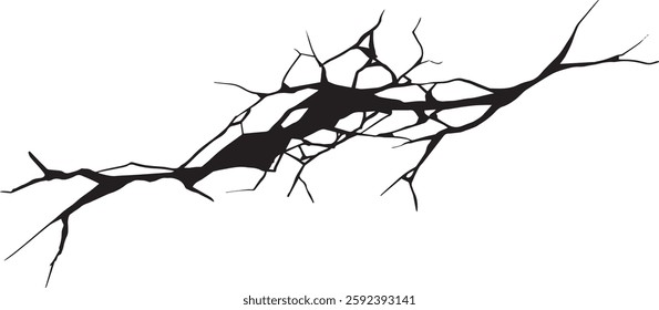  Damage surface crack and fissure in ground, concrete, crevices from disaster silhouette breaks on land surface from earthquake isolated on white background. Broken ground, wall, glass pattern effect.