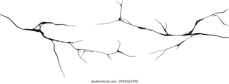 Damage surface crack and fissure in ground, concrete, crevices from disaster silhouette breaks on land surface from earthquake isolated on white background. Broken ground, wall, glass pattern effect.