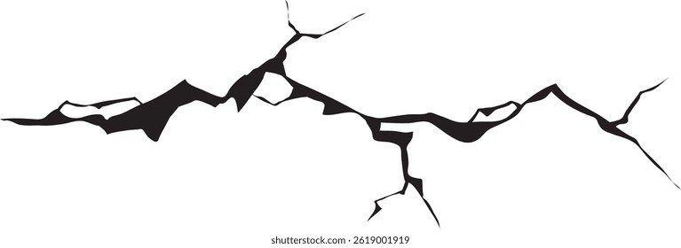 Damage surface crack and fissure in ground, concrete, crevices from disaster silhouette breaks on land surface from earthquake isolated on white background. Broken ground, wall, glass pattern effect.