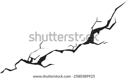 Damage surface crack and fissure in ground, concrete, crevices from disaster silhouette breaks on land surface from earthquake isolated on white background. Broken ground, wall, glass pattern effect. 