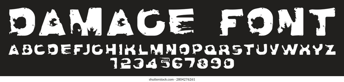 Damage vector font themed around video games, graffiti, grunge, peeling paint and urban or street style. A Latin alphabet of simple linear letters, either stenciled or crooked, hand-drawn with jagged lines, spots, and splashes.