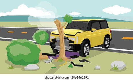 Damage of yellow car accidents dash off the road. Land on the grass and hit a large tree is broken. Frontal damage and high smoke. Off-road vehicles drive to wide open spaces with mountains.