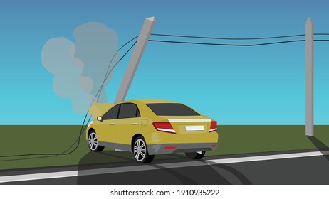 El accidente de la ciudad eléctrica del poste de choque amarillo no puede conducir. Delante del auto está abierto con humo hacia afuera. con asfalto y pradera verde para fondo.