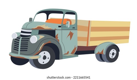 Damaged Or Abandoned Farm Truck, Isolated Tractor Transport With Rust And Outdated Parts On It. Old School Village Automobile, Outworn Obsolete Transportation. Vector In Flat Style Illustration