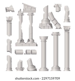 Columnas griegas antiguas dañadas arruinan ilustración vectorial aislada realista