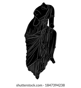 Damaged antique sculpture of a goddess. Ancient Greek beheaded female figure in long dress. Aphrodite or Venus. Black and white silhouette.