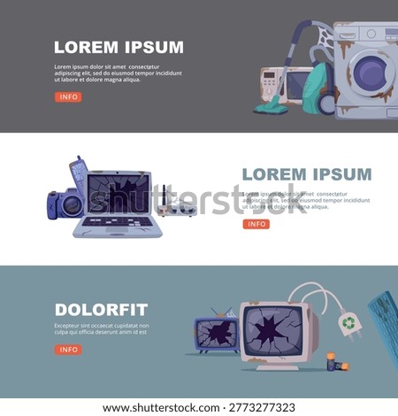 Damaged appliances. banners with recycling old style technic