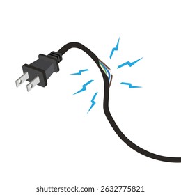 Damaged black electric cord isolated on white background. Dangerous broken power electrical cable with plug. Vector illustration