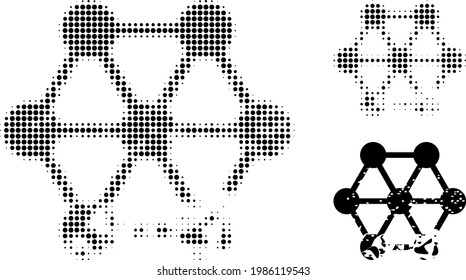 Damaged blockchain halftone dotted icon. Halftone array contains circle points. Vector illustration of damaged blockchain icon on a white background.