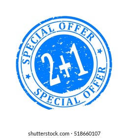 Damaged blue round stamp with the inscription - Special Offer 2 + 1 - Vector