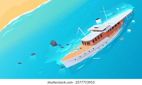 Damaged boat sinking near the shore in turquoise sea. Vector illustration