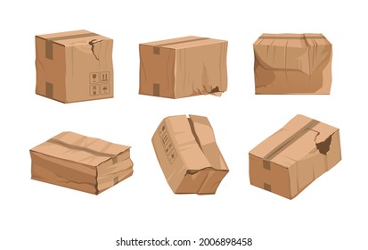Damaged box. Cartoon broken package. Ripped and wet shipping cardboard packaging. Cargo and mail parcels set. Wrinkled containers. Vector poor quality delivery or warehouse storage - Shutterstock ID 2006898458