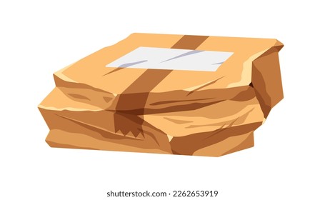 Damaged box. Crinkled rumpled carton parcel. Bad smashed wrinkled cardboard, packed goods order. Spoiled wet cargo mail. Flat cartoon graphic vector illustration isolated on white background