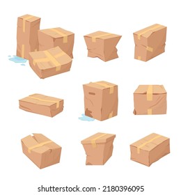 Damaged Box. Delivery Crushing Poor Quality Cardboard Paper Containers. Vector Concept Set