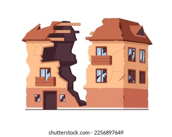 Edificio dañado con ventanas rotas, paredes destruidas. Construcción fraccionada después de la catástrofe. Casa de viviendas en ruinas con techo en ruinas. Ilustración vectorial plana aislada en fondo blanco