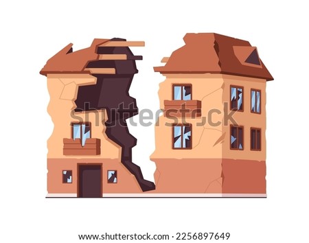 Damaged broken building with cracked windows, destroyed walls. Split construction after catastrophe. Collapsed dwelling house with ruined roof. Flat vector illustration isolated on white background