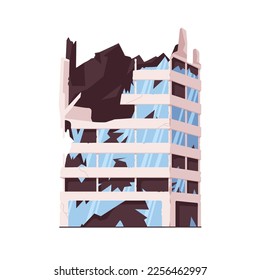 Edificio dañado. Fachada destruida en ruinas, casa moderna. Destrucción de muros, ventanas. Vidrio roto, exterior de construcción quemado. Ilustración vectorial plana aislada en fondo blanco