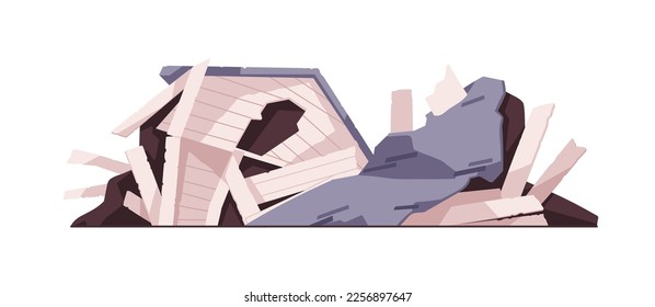 Damaged broken building. Fallen destroyed house. Ruined construction after tornado. Crushed demolished dwelling. Shattered residential home. Flat vector illustration isolated on white background