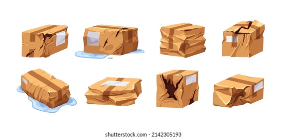 Damaged broken cardboard boxes, delivery packages set. Wet, crumpled, crinkled, spoiled carton parcels, goods orders. Torn wrinkled sealed cargo. Flat vector illustration isolated on white background - Shutterstock ID 2142305193
