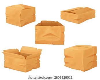 Damaged, broken, crumpled box set. Unsuccessful delivery, damaged parcel. Vector illustration.
