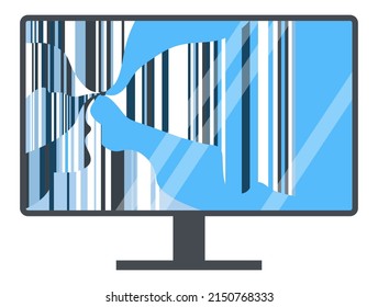 Damaged or broken screen of computer or TV set, isolated icon of device gadgets with crashed pixels and display. Malfunctioning electronics and parts, shattered and cracked glass. Vector in flat style