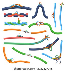 Damaged broken short circuit electrical cable wires. Electrical disconnect cable, broken flexible electrical cables vector illustration set. Broken wire cables. Uninsulated electric connects