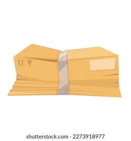 Damaged broken wrinkled box vector illustration. Cartoon isolated crumpled cardboard package with adhesive tape and crush damage, bad packaging for delivery box and transportation problems of products