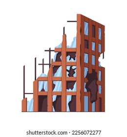Edificio dañado con paredes rotas, vidrieras rotas. Fachada de construcción destruida, exterior aplastado de una moderna casa residencial. Ilustración vectorial plana aislada en fondo blanco
