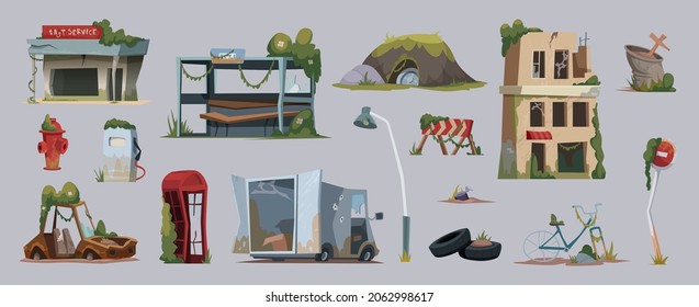 Damaged buildings. Urban post apocalypse ruins destroying houses doomsday concept pictures exact vector flat illustrations