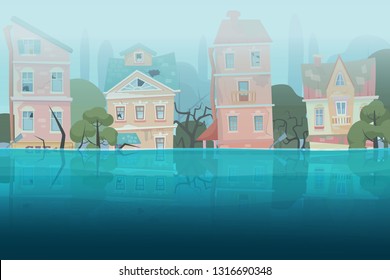 Damaged by natural disaster flood houses and trees partially submerged in the water in cartoon city concept. Storm city landscape vector illustration.