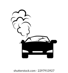 Damaged car after crash or accident with pull of smoke. Vector illustration of sign, icon and symbol.
