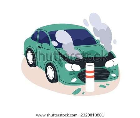 Damaged car after hitting barrier pole. Auto crashed into safety bollard, dangerous road traffic accident. Emergency with transport vehicle. Flat vector illustration isolated on white background