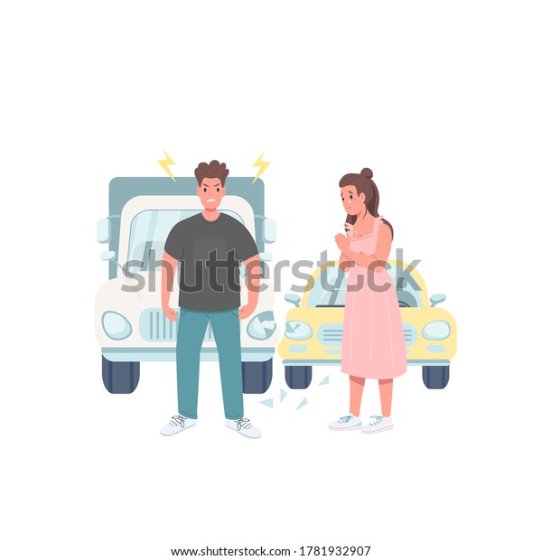 Damaged\
car drivers flat color vector detailed character. Angry man with\
crashed car. Upset woman on road. Car accident isolated cartoon\
illustration for web graphic design and\
animation