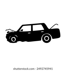 Icono de coche dañado. Accidente. Silueta negra. Vista lateral. Vector simple ilustración gráfica plana. Objeto aislado sobre fondo blanco. Aislar.