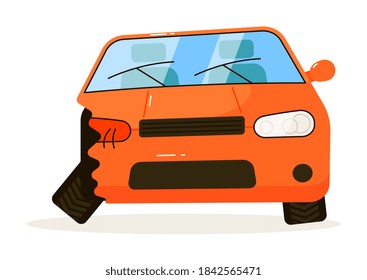 Damaged car. Isolated damaged car after road accident on white background. Cracked headlight, injured bumper, destroyed hood as traffic collision result illustration