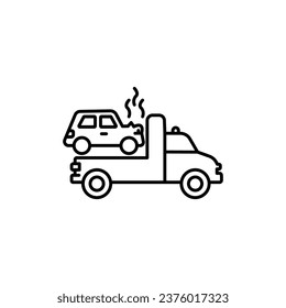 Damaged car on the tow truck. Vector isolated outline drawing. Editable stroke