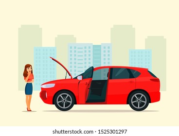 Damaged  Car With An Open Hood And A Young Woman. Vector Flat Style Illustration.