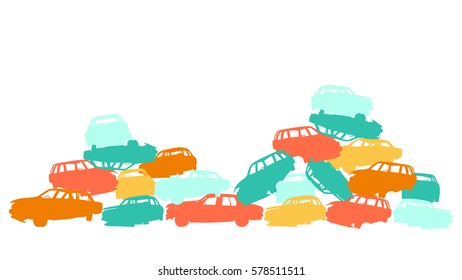 Damaged car pile in wrecking yard colorful vector background isolated on white