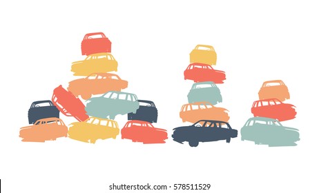 Damaged car pile in wrecking yard colorful vector background isolated on white