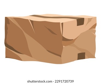Damaged cardboard box. Crumpled brown bag for storage. Retail, logistics, delivery, storage concept. Cartoon broken package. Wrinkled container. Vector poor quality delivery or warehouse storage