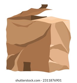 Damaged cardboard box. Crumpled brown bag for storage. Retail, logistics, delivery, storage concept. Cartoon broken package. Wrinkled container. Vector poor quality delivery or warehouse storage