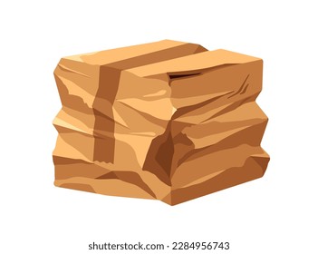 Damaged cardboard box. Crumpled crinkled carton package. Rumpled smashed squashed consignment, wet order pack, ugly parcel in bad condition. Flat vector illustration isolated on white background