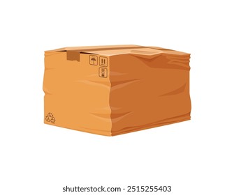 Damaged cardboard box that appears crumpled and broken. Isolated cartoon vector package shows signs of being ripped and crushed, representing issues with cargo delivery and packaging problems