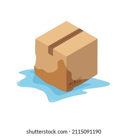 Damaged Cardboard Box. Wet Broken Parcel. Puddle On The Floor. Isometric Vector Illustration Isolated On White Background.