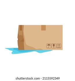 Damaged Cardboard Box. Wet Broken Parcel. Puddle On The Floor. Isometric Vector Illustration Isolated On White Background.