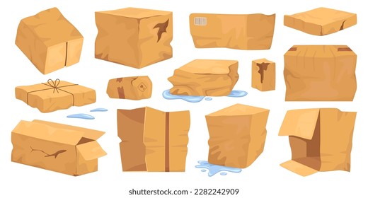 Damaged cardboard boxes flat icons set. Broken container for packaging products. Recycling material. Color isolated illustration